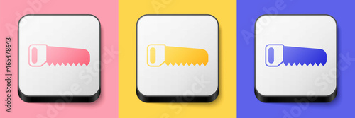 Isometric Hand saw icon isolated on pink, yellow and blue background. Square button. Vector