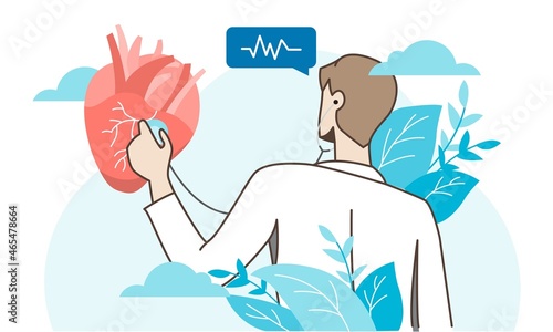 Doctor checkup heart rhythm listening and pulse cardiogram examination. Healthcare and medical concept. Hand draw style. Vector illustration.