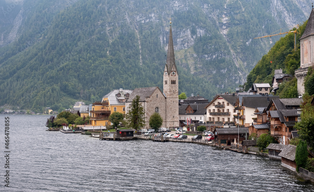 Scenic picture-postcard view of the historic Hallstatt, mountain small town in the Austrian Alps in a cloudy autumn day. UNESCO word heritage site.