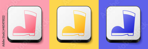 Isometric Waterproof rubber boot icon isolated on pink, yellow and blue background. Gumboots for rainy weather, fishing, gardening. Square button. Vector