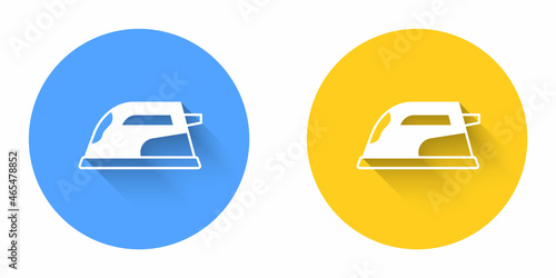 White Electric iron icon isolated with long shadow background. Steam iron. Circle button. Vector