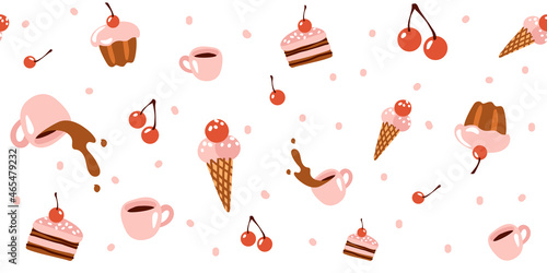 Seamless pattern with sweets, ice cream, mug with coffee, cake on a white background. Festive pattern for birthday, bakery, children s holiday. Cute cartoon vector illustration.