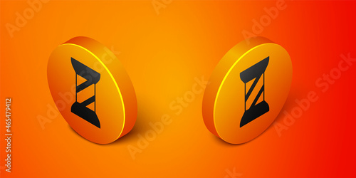Isometric Sewing thread on spool icon isolated on orange background. Yarn spool. Thread bobbin. Orange circle button. Vector