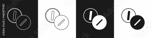Set Toothache painkiller tablet icon isolated on black and white background. Tooth care medicine. Capsule pill and drug. Pharmacy design. Vector