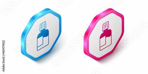 Isometric Mouthwash plastic bottle icon isolated on white background. Liquid for rinsing mouth. Oralcare equipment. Hexagon button. Vector