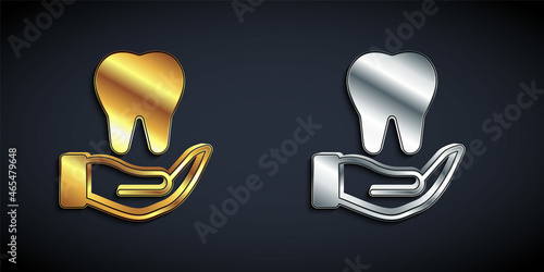 Gold and silver Tooth icon isolated on black background. Tooth symbol for dentistry clinic or dentist medical center and toothpaste package. Long shadow style. Vector
