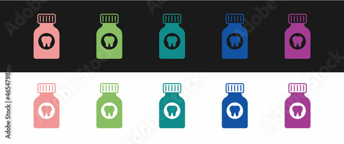 Set Toothache painkiller tablet icon isolated on black and white background. Tooth care medicine. Capsule pill and drug. Pharmacy design. Vector