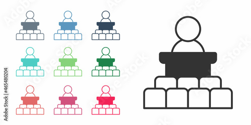Black Speaker icon isolated on white background. Orator speaking from tribune. Public speech. Person on podium. Set icons colorful. Vector