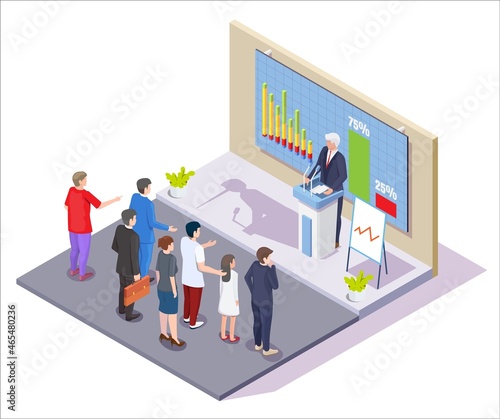Liar politician with pinocchio nose shadow speaking in front of people, vector isometric illustration. Liar politics.