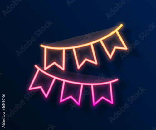 Glowing neon line Carnival garland with flags icon isolated on black background. Party pennants for birthday celebration, festival decoration. Vector