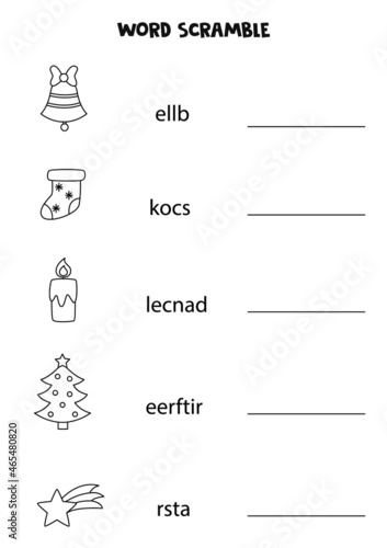 Puzzle for kids. Word scramble for children. Black and white Christmas pictures.