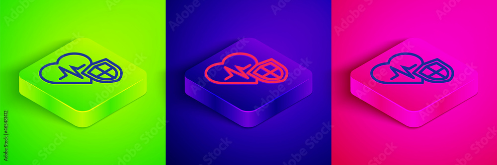 Isometric line Life insurance with shield icon isolated on green, blue and pink background. Security, safety, protection, protect concept. Square button. Vector Isometric line Life insurance with shield icon isolated on green, blue and pink background. Security, safety, protection, protect concept. Square button. Vector