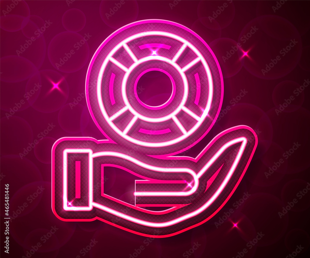 Glowing neon line Lifebuoy in hand icon isolated on red background. Lifebelt symbol. Vector Glowing neon line Lifebuoy in hand icon isolated on red background. Lifebelt symbol. Vector