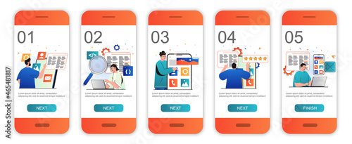 App development concept onboarding screens for mobile app templates. Developers coding and working. Modern UI, UX, GUI screens user interface kit with people scenes for web design. Vector illustration