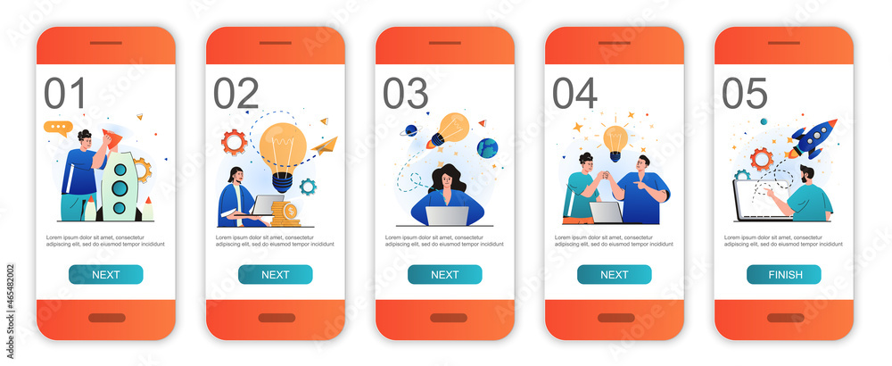 Business startup concept onboarding screens for mobile app templates. Success launch new project. Modern UI, UX, GUI screens user interface kit with people scenes for web design. Vector illustration