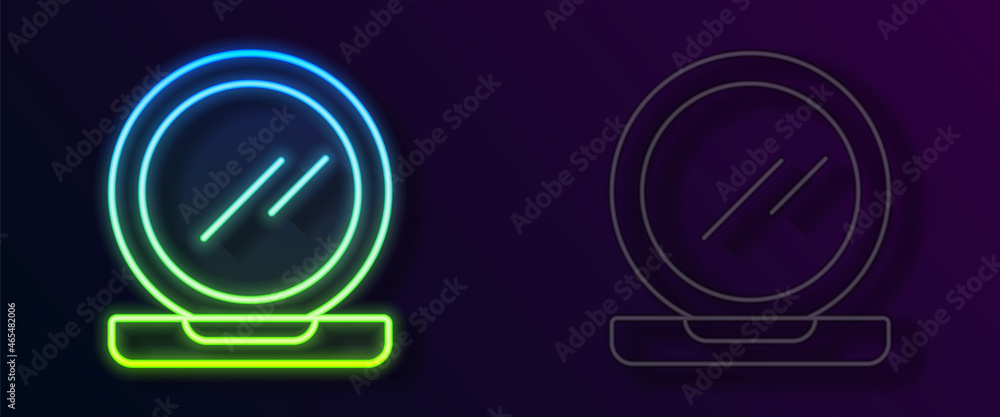Glowing neon line Makeup powder with mirror icon isolated on black background. Vector Glowing neon line Makeup powder with mirror icon isolated on black background. Vector