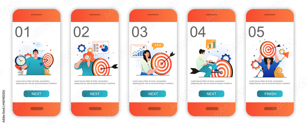Fototapeta premium Business target concept onboarding screens for mobile app templates. Targeting, marketing success. Modern UI, UX, GUI screens user interface kit with people scenes for web design. Vector illustration