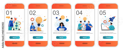 Business startup concept onboarding screens for mobile app templates. Success launch new project. Modern UI, UX, GUI screens user interface kit with people scenes for web design. Vector illustration