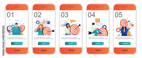 Business target concept onboarding screens for mobile app templates. Targeting, marketing success. Modern UI, UX, GUI screens user interface kit with people scenes for web design. Vector illustration