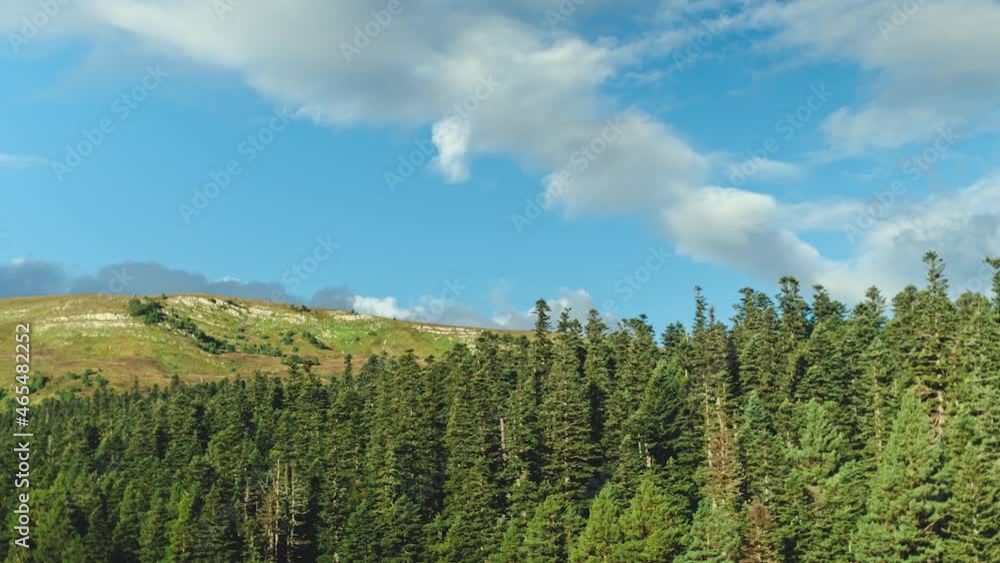 Timelapse white clouds in a blue sky in the mountains above a pine forest. Smooth camera movement. The beauty of nature Timelapse white clouds in a blue sky in the mountains above a pine forest. Smooth camera movement. The beauty of nature