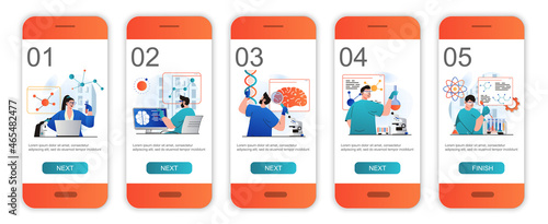 Science research concept onboarding screens for mobile app templates. Scientists make lab tests. Modern UI, UX, GUI screens user interface kit with people scenes for web design. Vector illustration