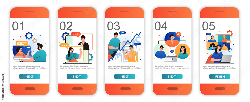 Video chatting concept onboarding screens for mobile app templates. Online meeting communication. Modern UI, UX, GUI screens user interface kit with people scenes for web design. Vector illustration