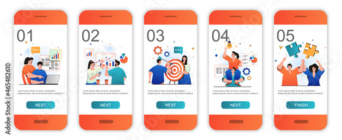 Teamwork concept onboarding screens for mobile app templates. Colleagues work, brainstorming. Modern UI, UX, GUI screens user interface kit with people scenes for web design. Vector illustration