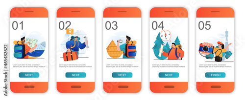 Traveling concept onboarding screens for mobile app templates. Tourists going worldwide trip. Modern UI, UX, GUI screens user interface kit with people scenes for web design. Vector illustration