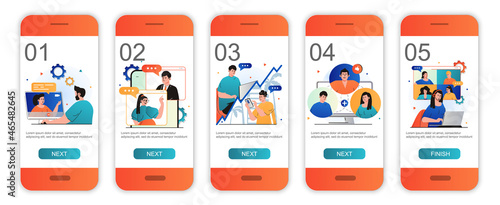 Video chatting concept onboarding screens for mobile app templates. Online meeting communication. Modern UI, UX, GUI screens user interface kit with people scenes for web design. Vector illustration