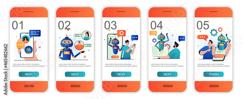 Virtual assistant concept onboarding screens for mobile app templates. Tech support and chatbots. Modern UI, UX, GUI screens user interface kit with people scenes for web design. Vector illustration