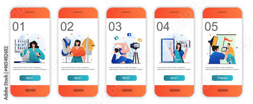 Women working concept onboarding screens for mobile app templates. Female different professions. Modern UI, UX, GUI screens user interface kit with people scenes for web design. Vector illustration