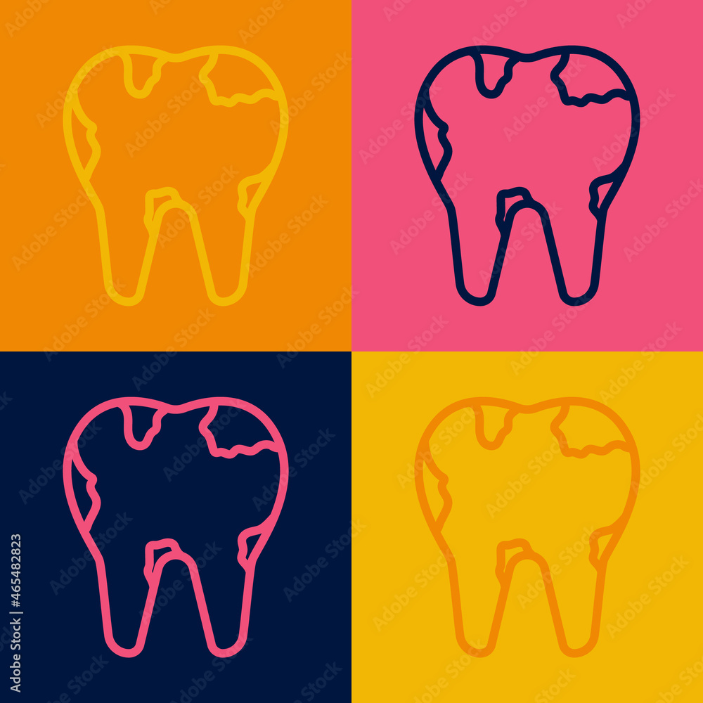 Pop art line Broken tooth icon isolated on color background. Dental problem icon. Dental care symbol. Vector Pop art line Broken tooth icon isolated on color background. Dental problem icon. Dental care symbol. Vector