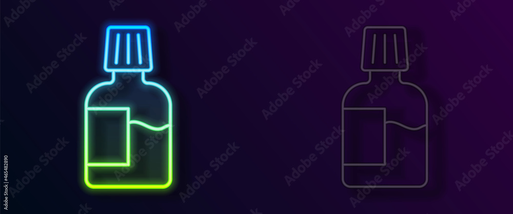 Glowing neon line Mouthwash plastic bottle icon isolated on black background. Liquid for rinsing mouth. Oralcare equipment. Vector Glowing neon line Mouthwash plastic bottle icon isolated on black background. Liquid for rinsing mouth. Oralcare equipment. Vector
