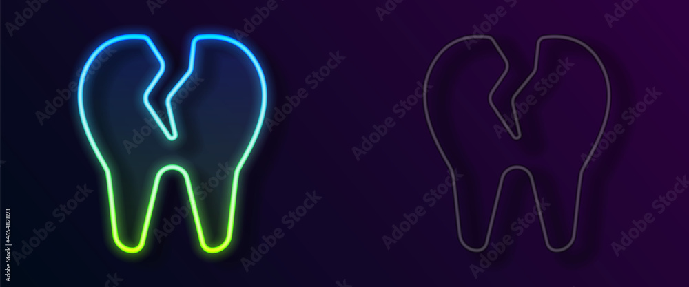 Glowing neon line Broken tooth icon isolated on black background. Dental problem icon. Dental care symbol. Vector Glowing neon line Broken tooth icon isolated on black background. Dental problem icon. Dental care symbol. Vector