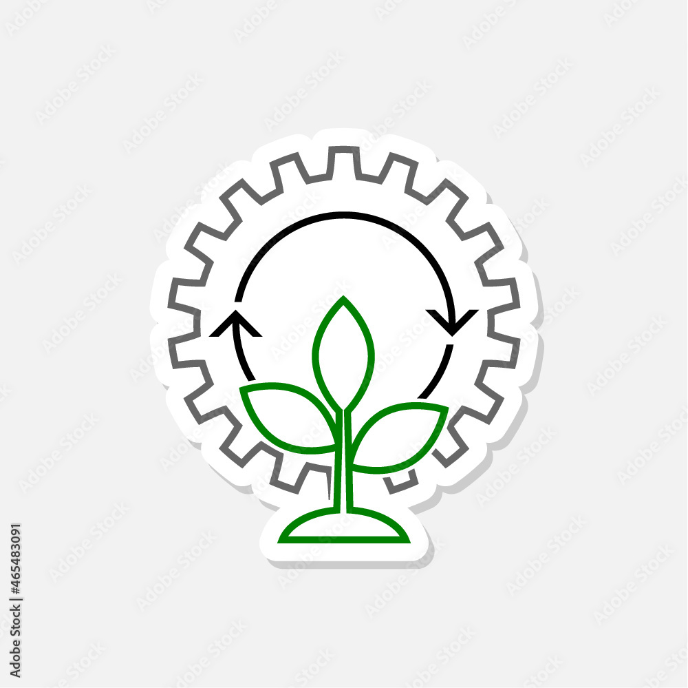 Gears and plant sticker icon with glyph style isolated on white background Gears and plant sticker icon with glyph style isolated on white background
