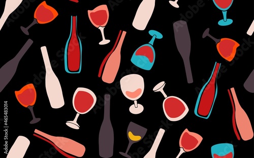 Seamless Vector Pattern with Wine Glasses and  Bottles isolated on Dark Backg...
