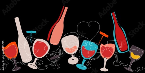 Horizontal Vector Pattern with Wine Glasses and  Bottles isolated on Dark Bac...