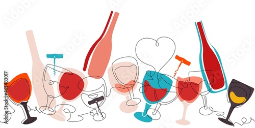 Horizontal Vector Pattern with Wine Glasses and  Bottles isolated on Dark Bac...