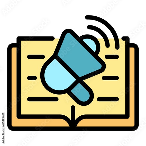 Megaphone and open book icon. Outline megaphone and open book vector icon color flat isolated