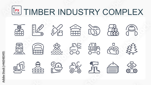 A set of vector illustrations, icons with a fine line of the forest industry. Logger. Timber industry equipment.
