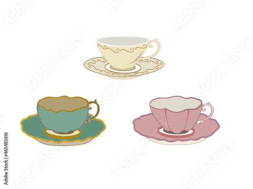 Sweet colorful kitchen household cutlery teacup and plate with spoon. Isolate on white background.Style vintage. Vector illustration.