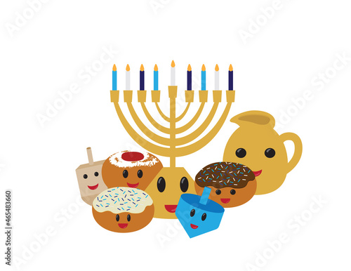 Cute Hanukkah symbols with smiling face, Hanukkah cartoon characters on White background