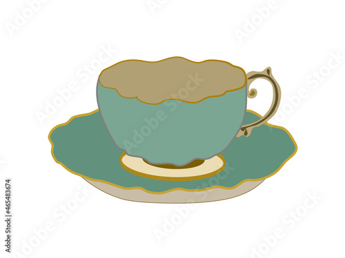 Sweet colorful kitchen household cutlery teacup and plate with spoon. Isolate on white background.Style vintage. Vector illustration.