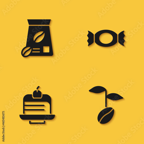 Set Bag of coffee beans, Coffee, Piece cake and Candy icon with long shadow. Vector