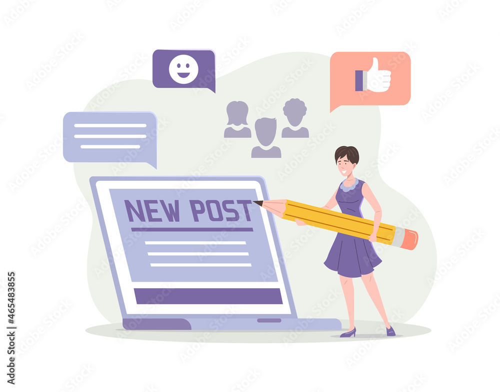 Smiling woman article editor writing publicity post at internet use laptop journalist workflow
