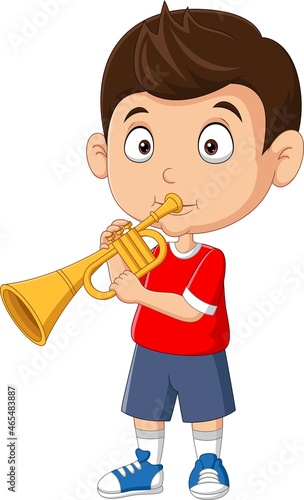 Cartoon little boy blowing a trumpet