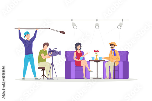 Woman journalist interview communicating with male actor celebrity influencer at television studio