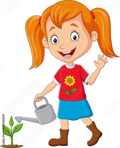 Cute little girl watering plants