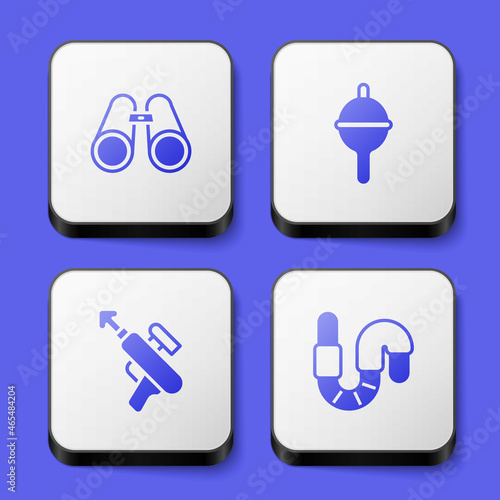 Set Binoculars, Fishing float, harpoon and Worm icon. White square button. Vector