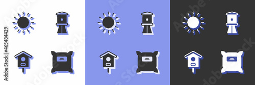 Set Pack full of seeds, Sun, Bird house and Water tower icon. Vector